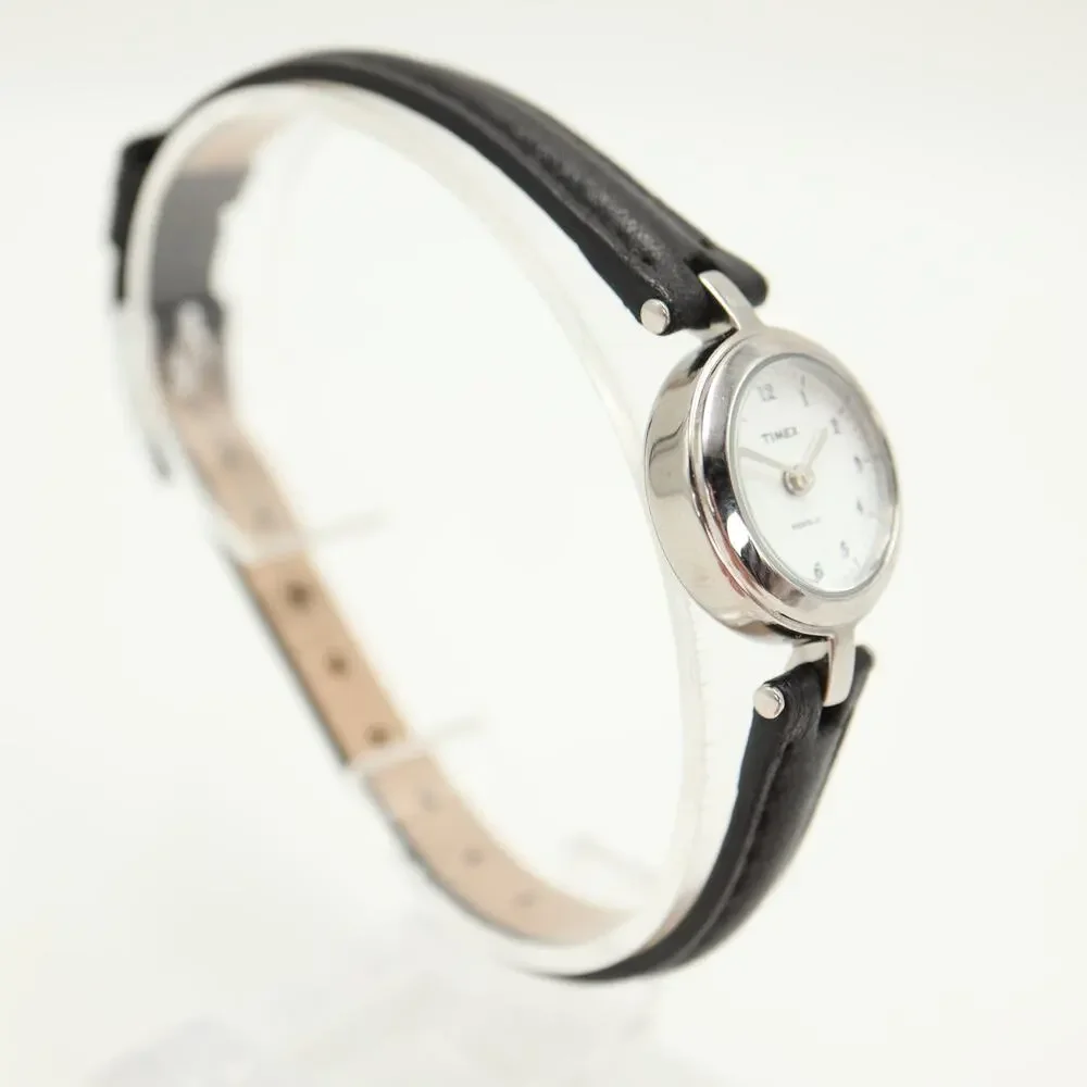 Timex Indiglo Petite 21mm Silver Tone Womens Watch Black Leather w New Battery